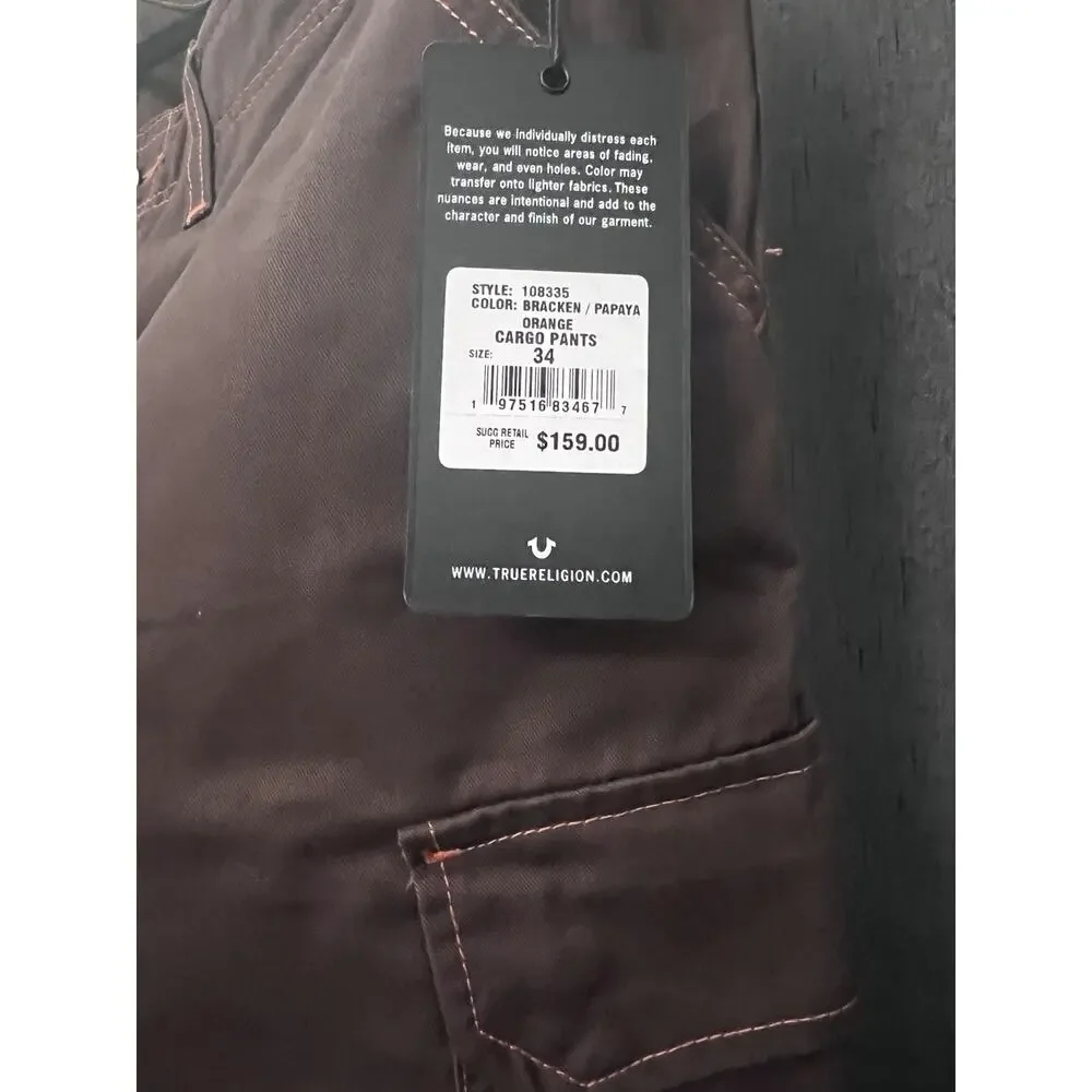 True Religion Orange Brown Cargo Pants Size 34 x 31 NWT